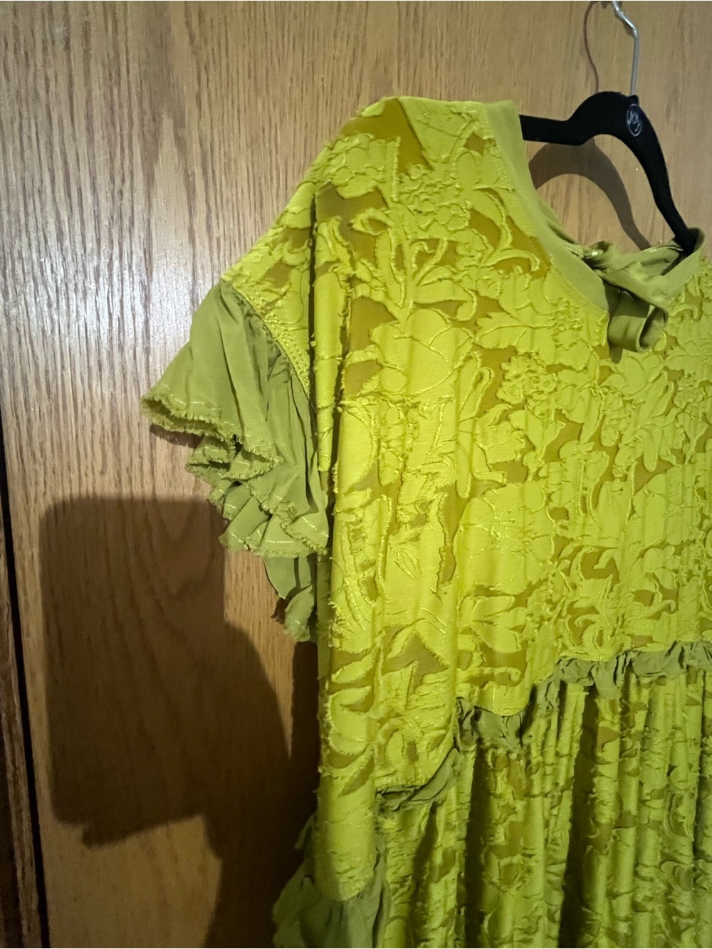 Anthropologie Chartreuse Ruffled Short Sleeve Dress - Picture 2 of 7